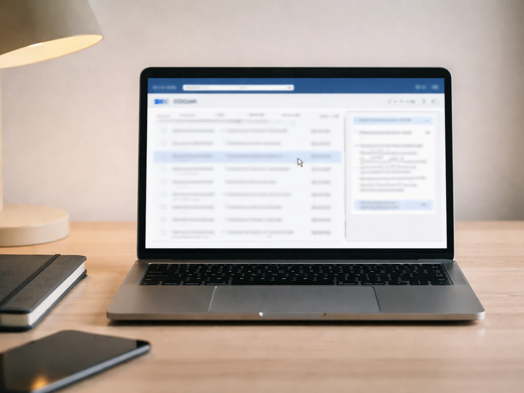 Laptop on desk showing blurred SEC EDGAR-like search results workflow concept, no readable text.