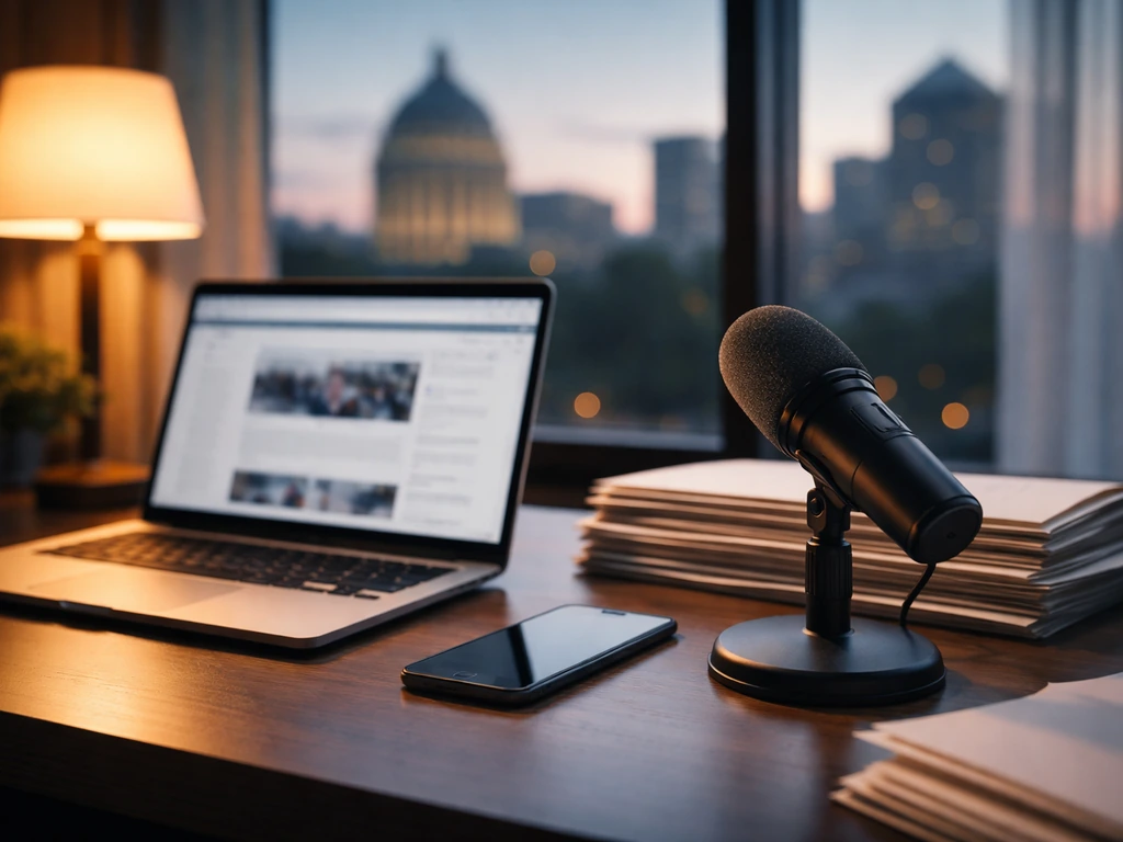 Minimal office desk with laptop and studio microphone, symbolizing political media and financial analysis