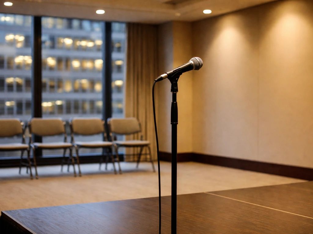 Empty conference stage with a microphone, city office window in background, symbolic media/politics setting.