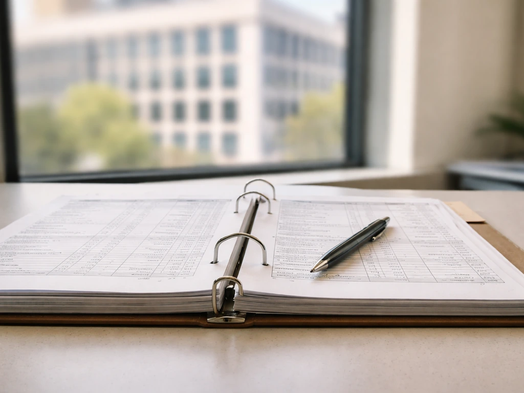 Close-up of an open financial records binder and pen beside a subtle monochrome office window view