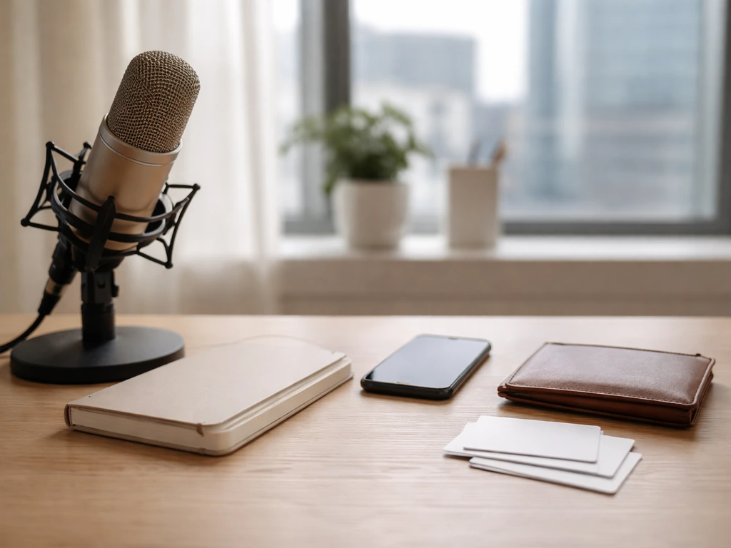 Podcast desk with microphone and wallet near a window, symbolizing media work and household income.