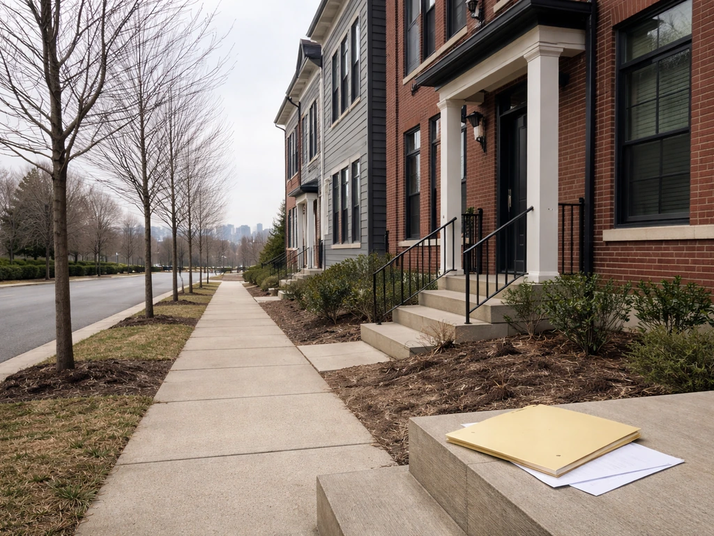 Washington, D.C. suburb townhouse with blank property documents in a manila folder on a porch step.