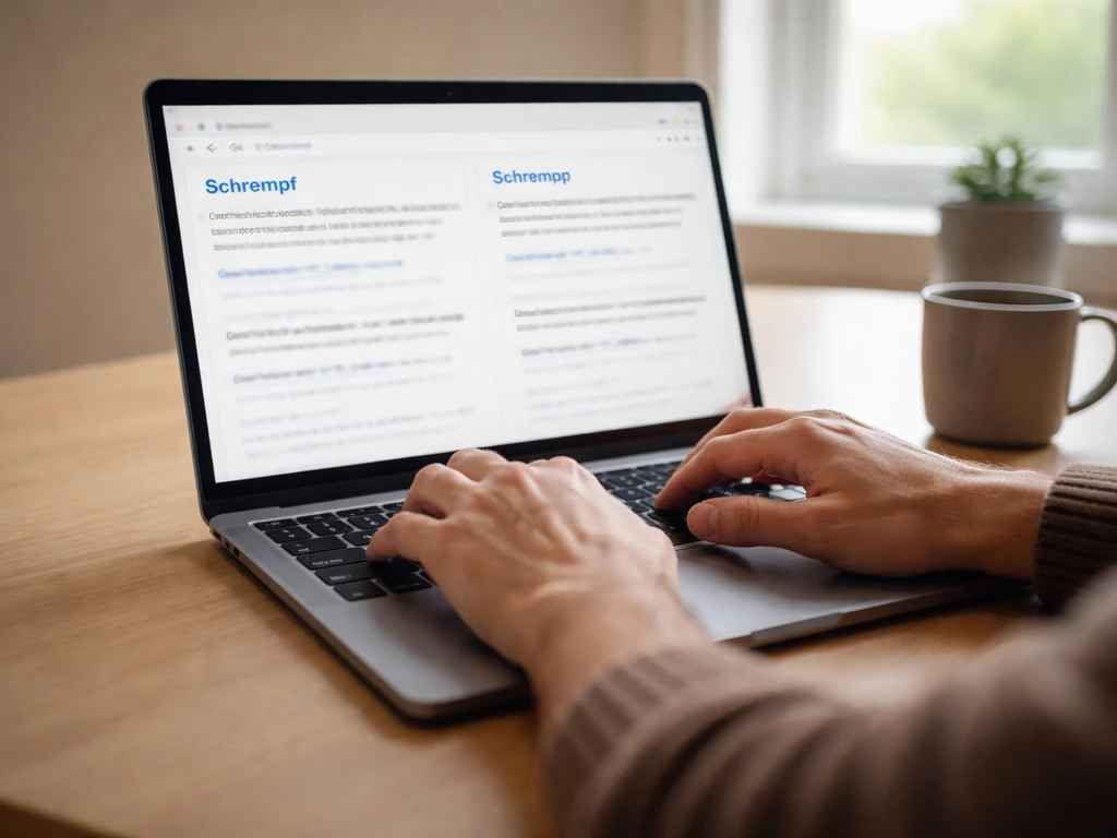 Laptop showing two blurred, similar name searches side by side on a privacy-focused desk setup