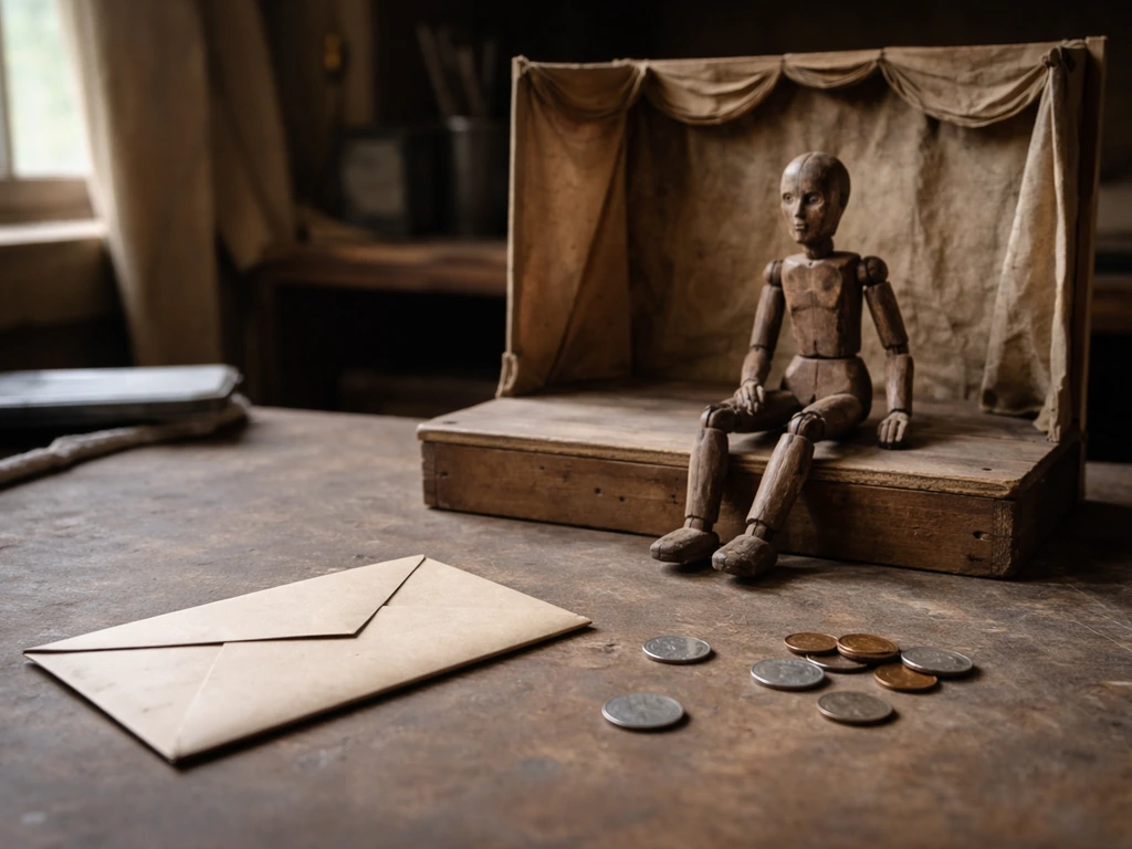 Wood puppet on a small theater stage with coins and an envelope on a worktable, no person shown.