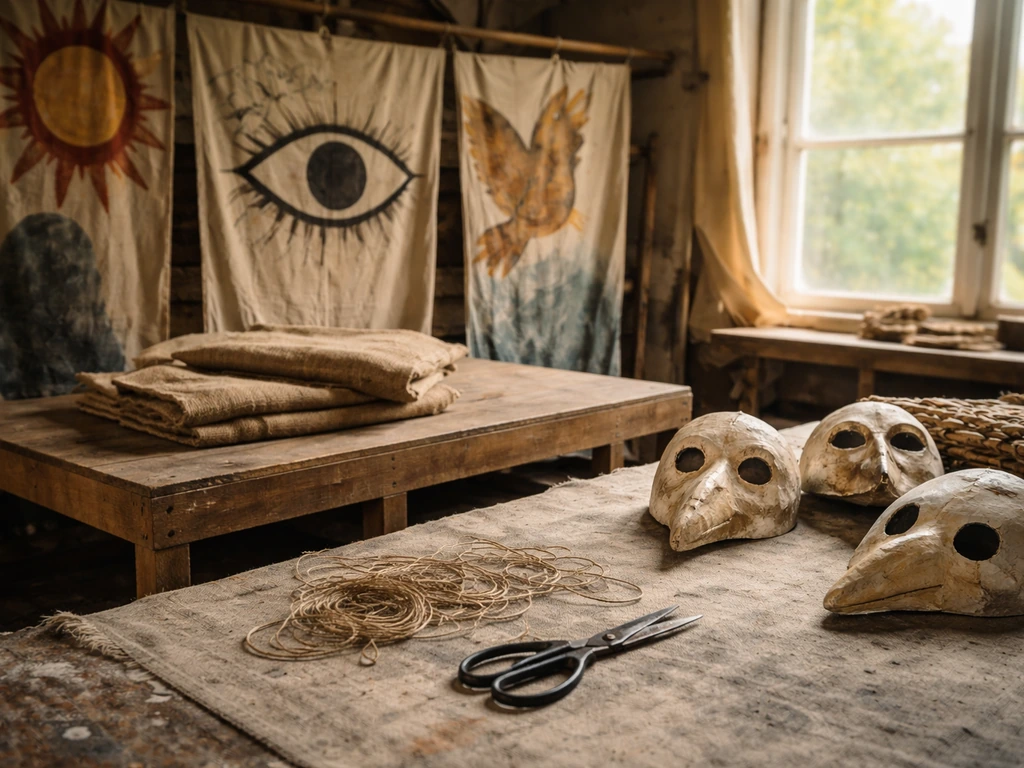 Bread & Puppet–themed wooden stage props and a simple workshop scene with no people
