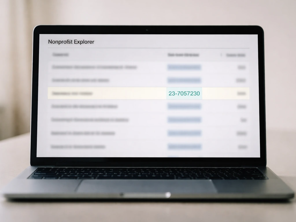 Minimal photo of a laptop showing a nonprofit explorer search page with EIN highlighted