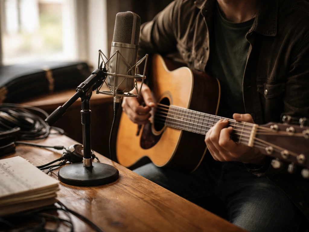 Anonymous musician in a small studio with a microphone and guitar, suggesting songwriting and music career