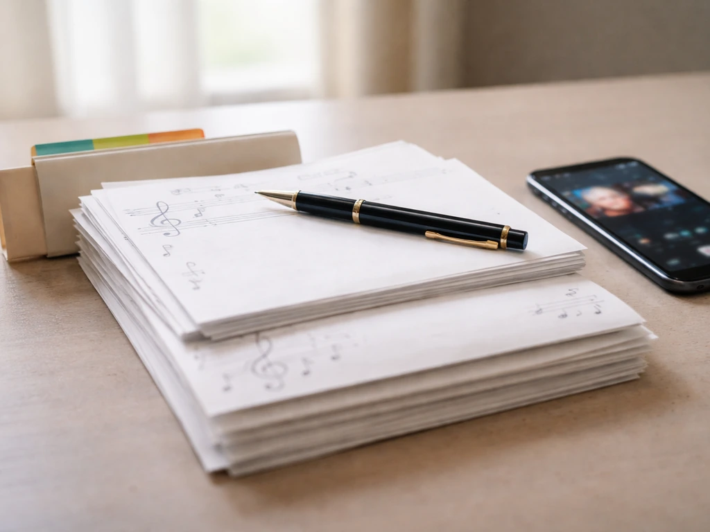 Close-up of cue sheets and a pen on a desk, with an electronic device showing streaming icons blurred