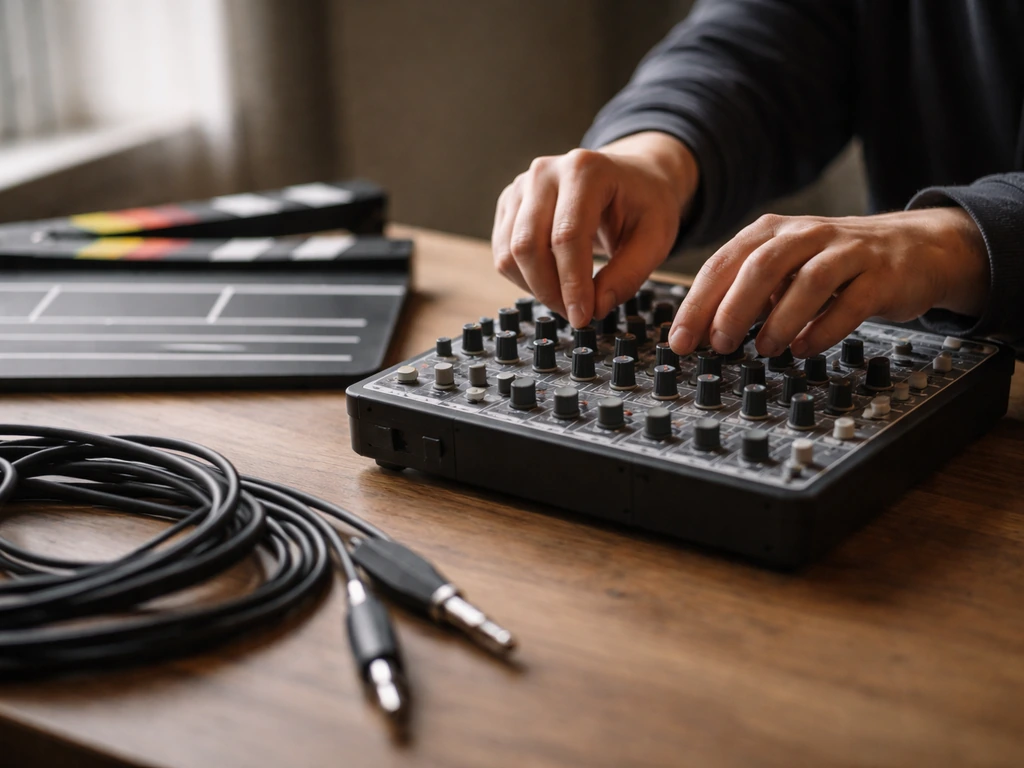 Close-up of a studio mixing console with a film slate and cables, symbolizing music sync licensing for film and TV.