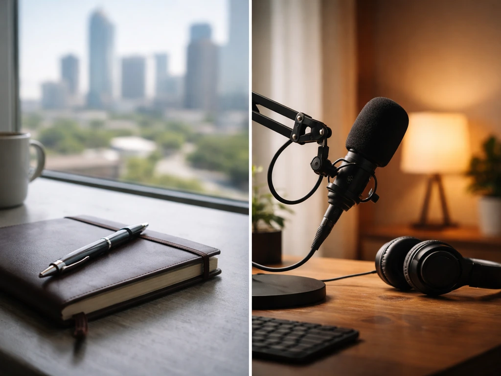 Minimal two-scene office and podcast desk setup symbolizing different Jeff Schiefelbein identities.