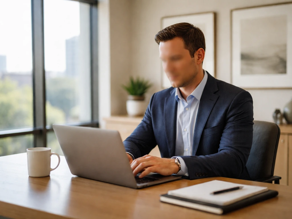 Anonymous consulting partner at a wooden desk in a bright Dallas office with an open laptop.