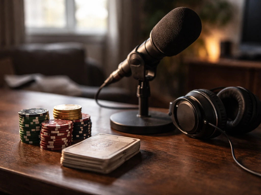 Poker chips and a studio microphone on a desk, suggesting poker broadcasting and finance analysis