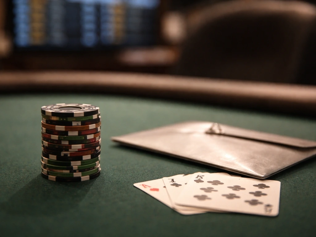 Poker tournament payout-style scene with stacked chips and a blurred results screen in the background