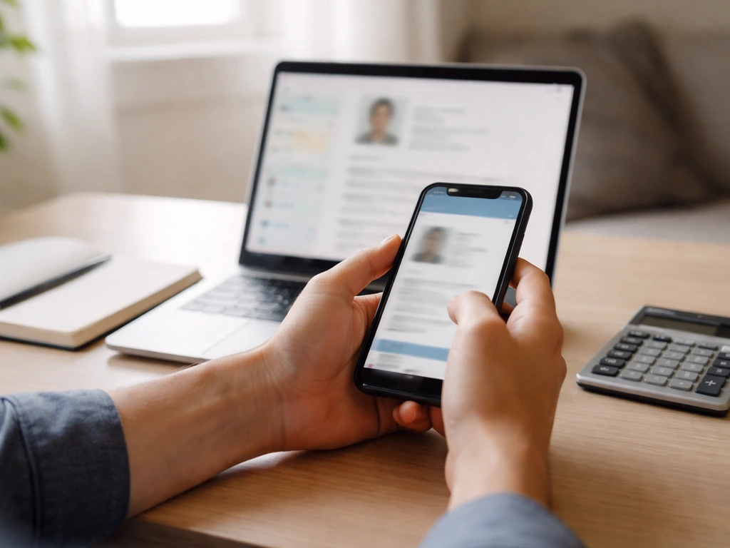 Hands compare a blurred online earnings profile on laptop and phone at a quiet desk.