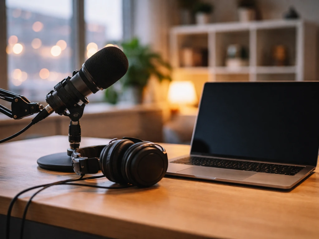 Anonymous media studio desk with microphone and headphones, symbolizing an author/journalist podcaster profile.