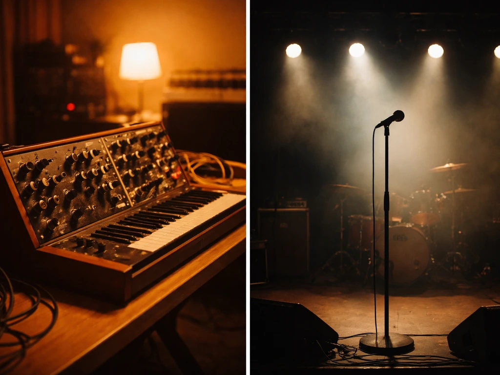 Split-scene of a vintage analog synthesizer and 1970s concert stage lighting symbolizing Florian Schneider-Esleben