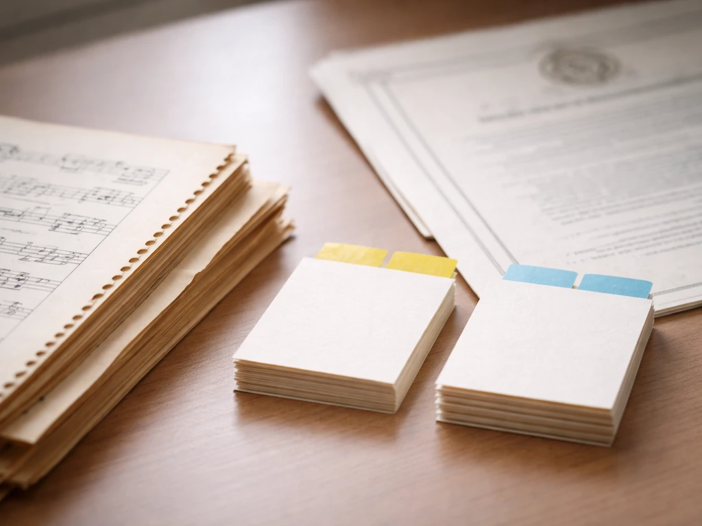 Close-up of vintage sheet music and a handwritten-style copyright form beside a split of royalty notes