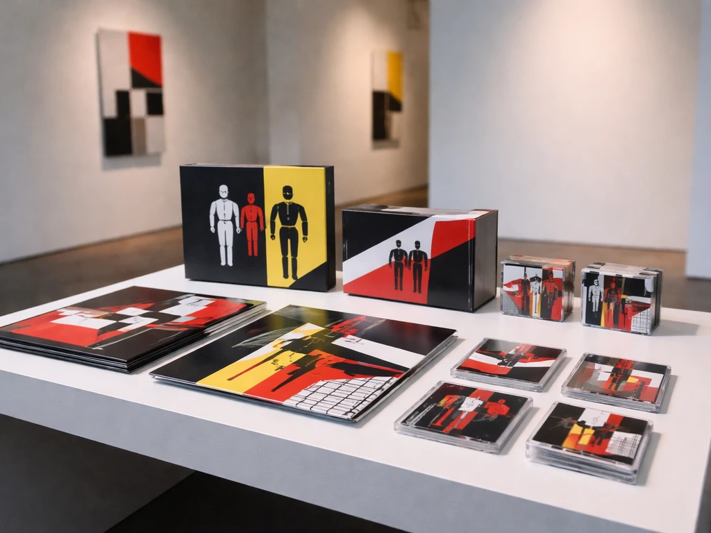 Minimal photo of a display table with geometric Kraftwerk-style artwork on packaged merchandise in a gallery