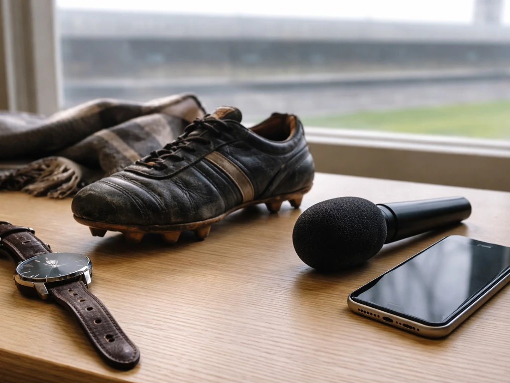 Sports media desk with a football boot and microphone, symbolizing identity search for Scholes net worth.