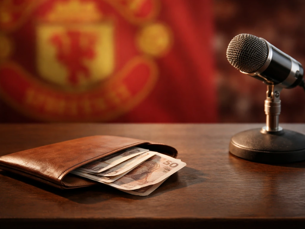 Minimal scene showing football-era money themes: vintage matchday crest backdrop, money envelope, and media mic