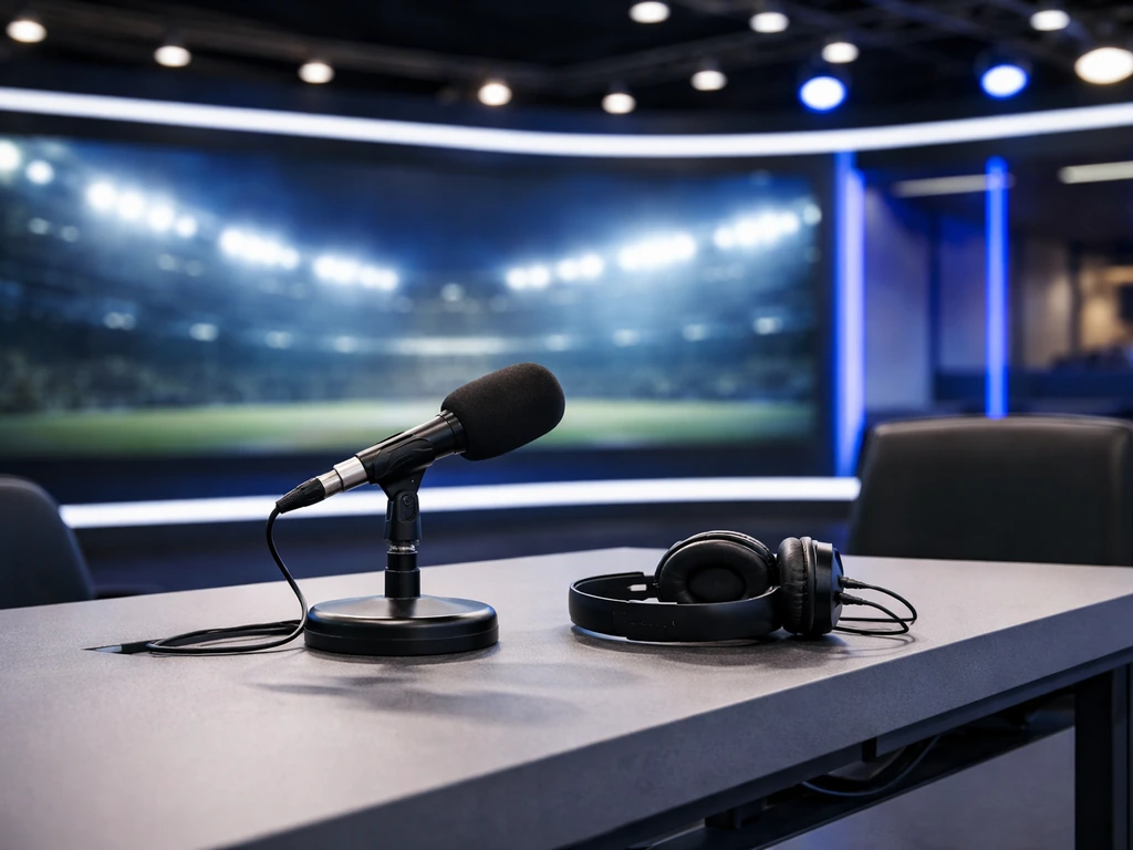 Empty TV sports studio desk setup with broadcast lighting and a headset microphone for punditry coverage