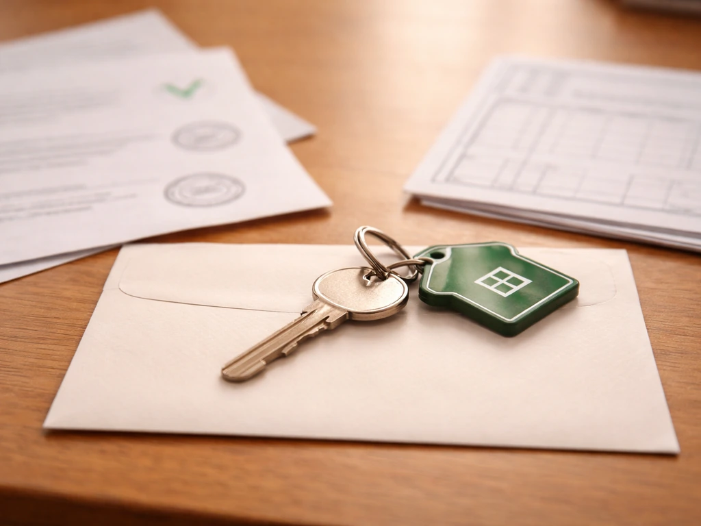 Close-up of a house key on an envelope with softly blurred property documents and checkmarks