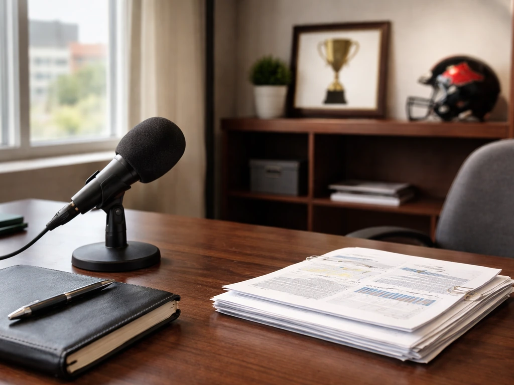 Minimal desk scene with microphone and finance documents, symbolizing income analysis for a sports coach.