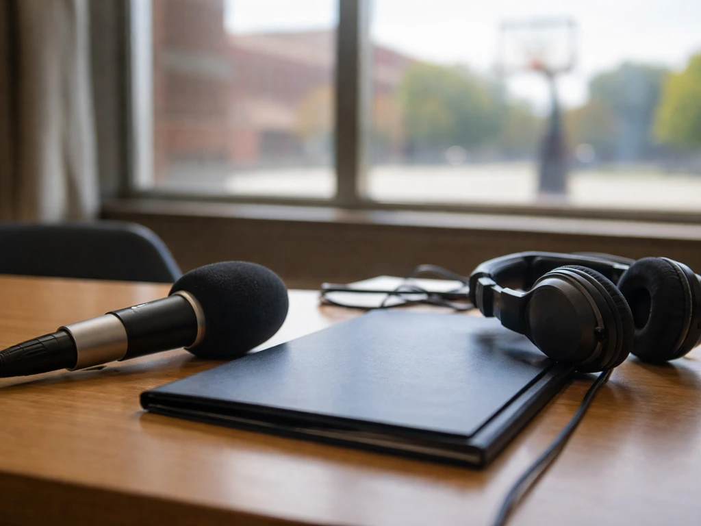 Quiet athletics press desk with microphone and headphones, blurred campus background and hoop silhouette.