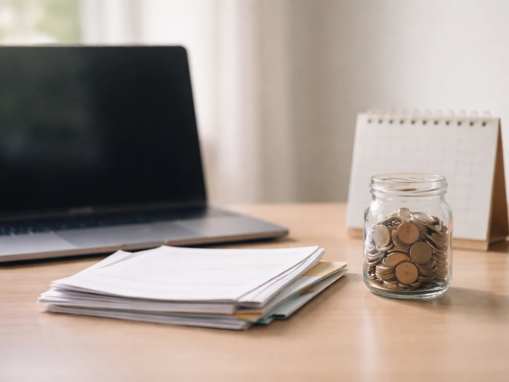 Minimal desk with blank laptop, unread documents, and a coin jar symbolizing documented figures compiled into an estimat