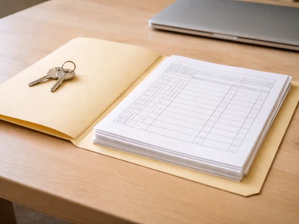 Close-up of an anonymous desktop scene with keys and an open folder beside a laptop, symbolizing property records.