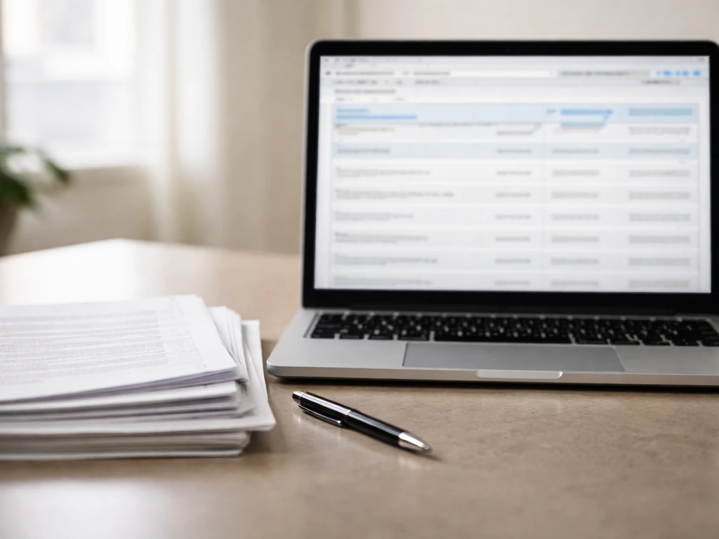 Close-up of financial documents and a laptop showing an SEC EDGAR-style research interface overlay