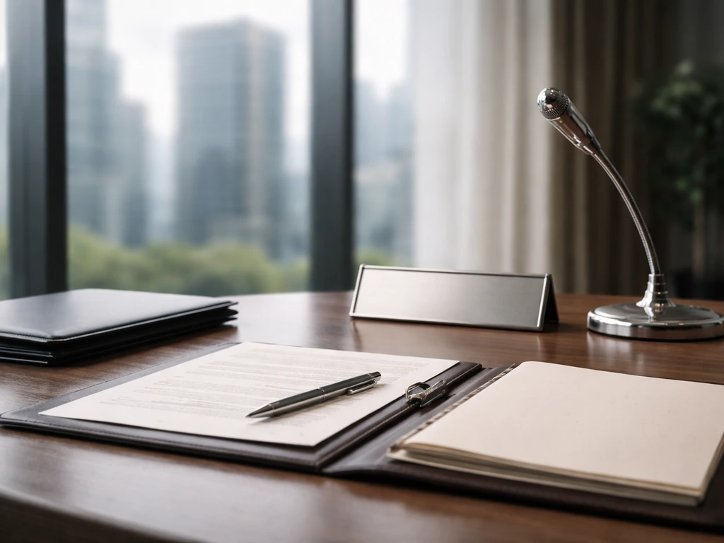 Upscale corporate office desk with business items and skyline view, symbolizing finance leadership.