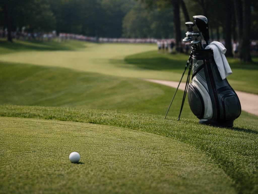 Empty PGA Tour fairway scene with a golf ball and caddie-style bag, symbolizing earnings and prize money.