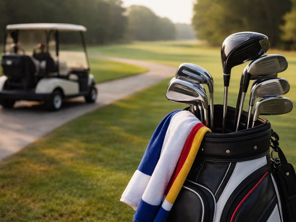 Close view of a golf bag with visible brand-covered clubs on a quiet course path, symbolizing endorsement income