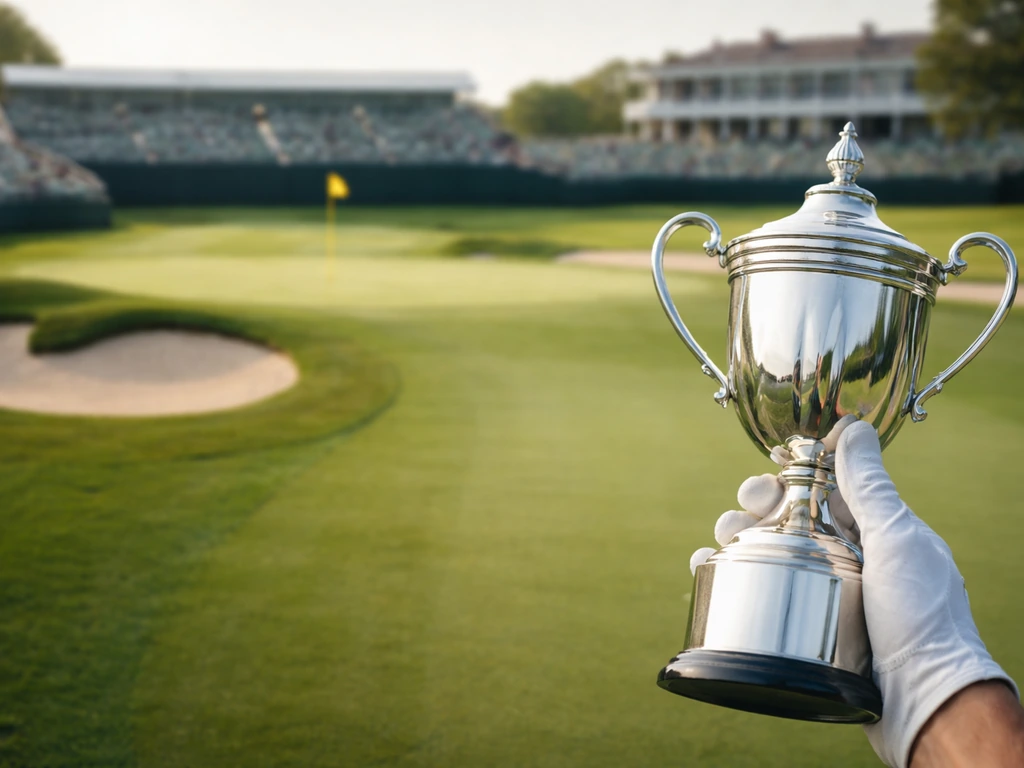 Close-up trophy beside a major golf course, softly blurred championship venue in the background.