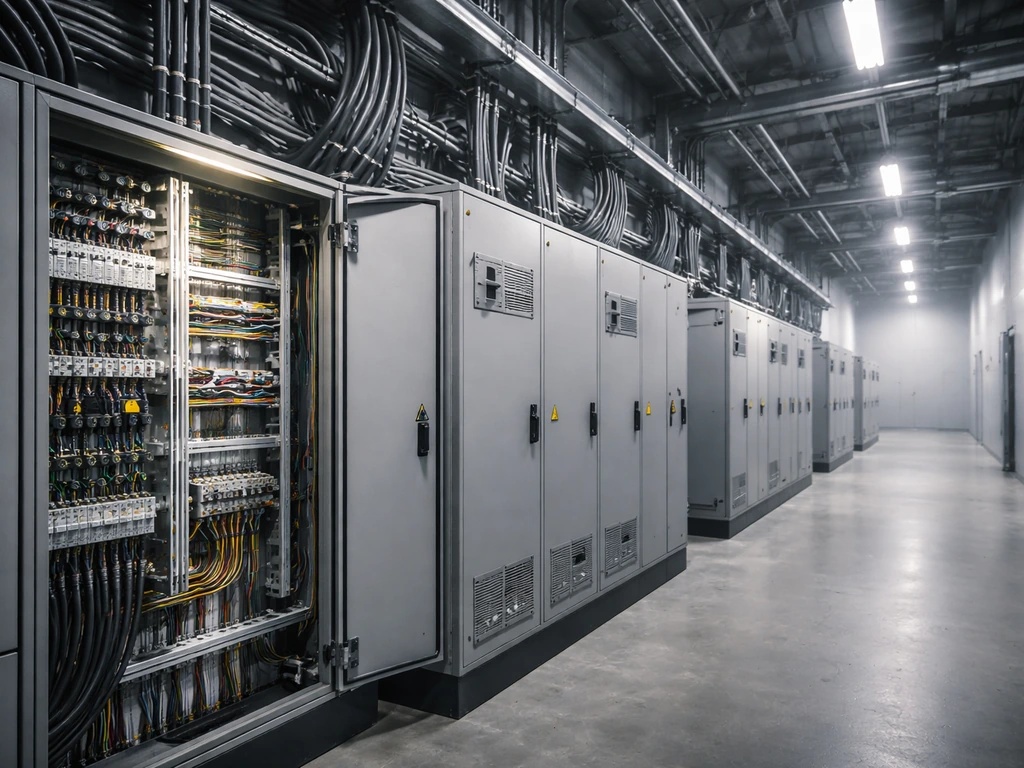 Wide industrial shot of electrical switchgear and a control cabinet in a clean energy facility corridor.