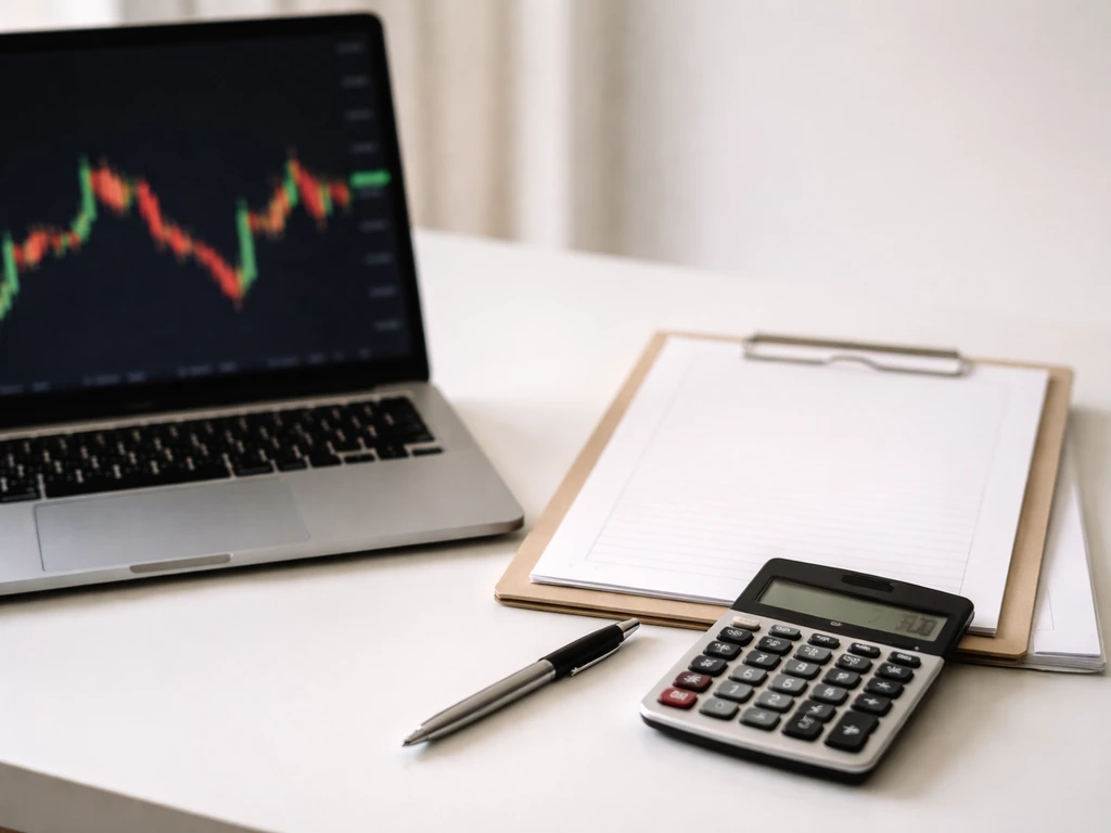 Close-up of a laptop showing blurred market data beside a calculator and papers suggesting market cap vs book equity