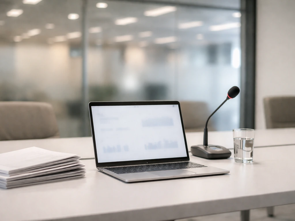 Minimal corporate office desk with laptop, microphone, and annual reports suggesting company ownership context