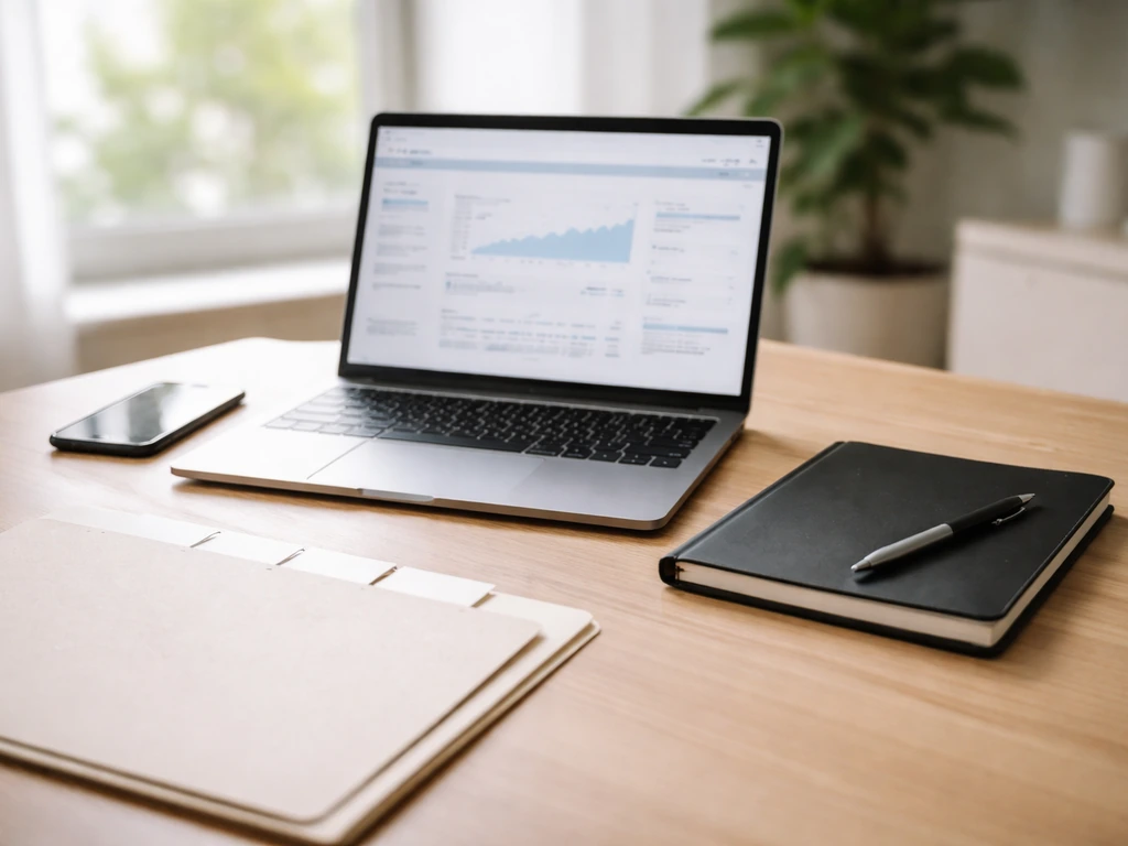 Minimal desk scene with laptop, smartphone, and blank notebook suggesting checking real-time valuation sources.