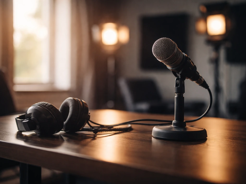 Minimal media-studio scene with a microphone on a desk, evoking TV hosting and wealth-focused reporting.