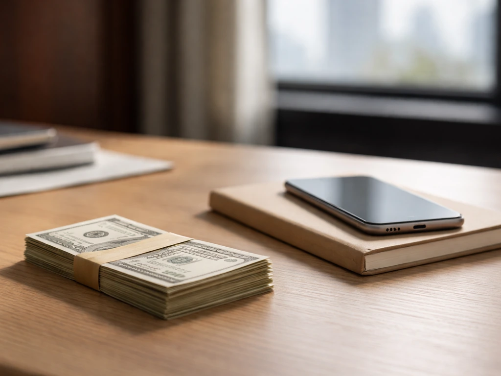 Minimal desk scene with neatly stacked cash and a smartphone beside a notebook, suggesting a net worth estimate.