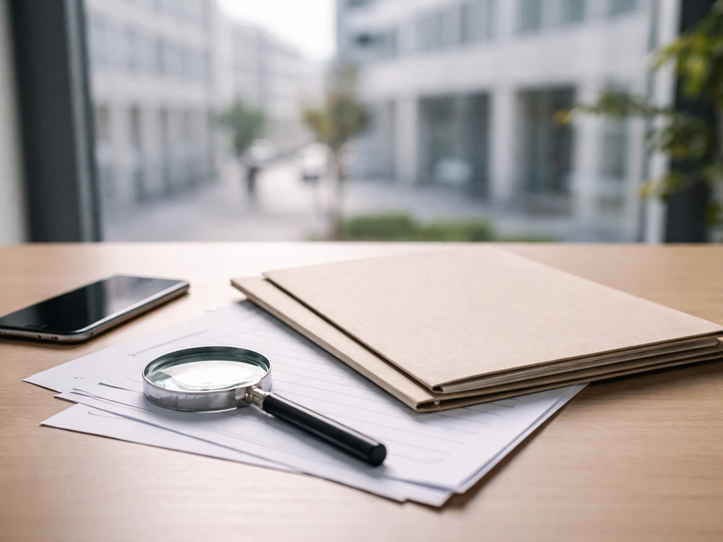 Desk with documents, magnifying glass, and phone suggesting verifying the correct identity.