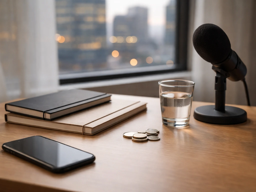 Minimal desk scene with coins, phone, notebooks, and a microphone symbolizing comparing finance estimates