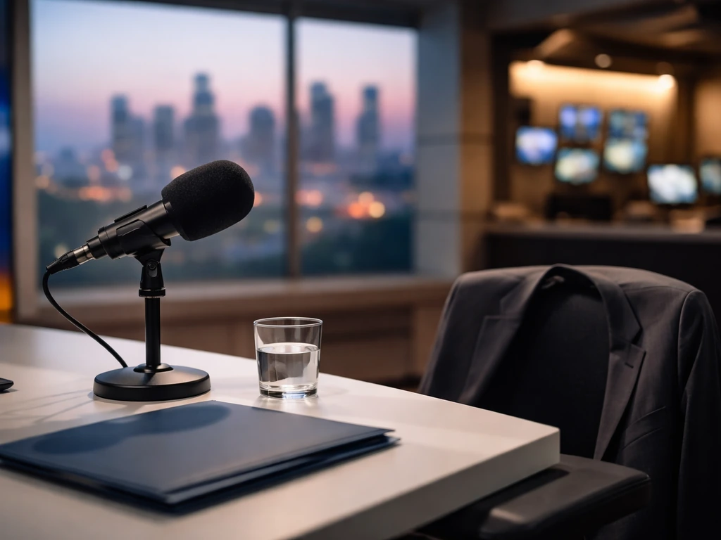 Broadcast microphone and desk setup in a quiet LA news studio with faint skyline bokeh in the background.
