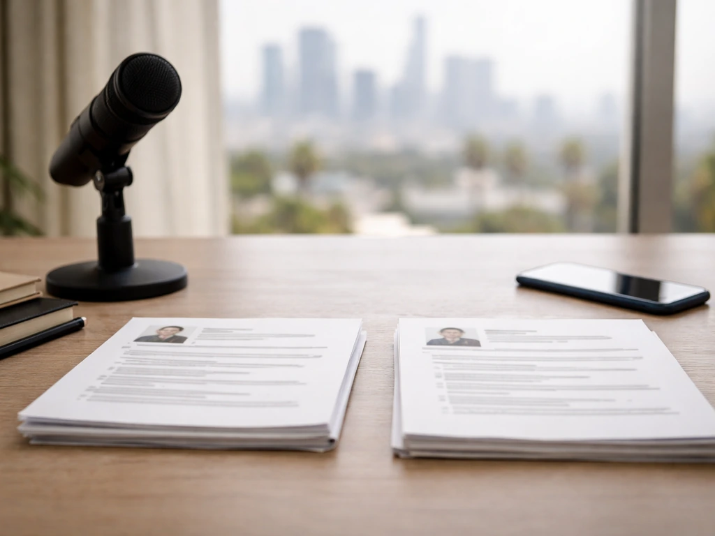 Minimal media desk with two document stacks and a microphone, symbolizing identity verification.