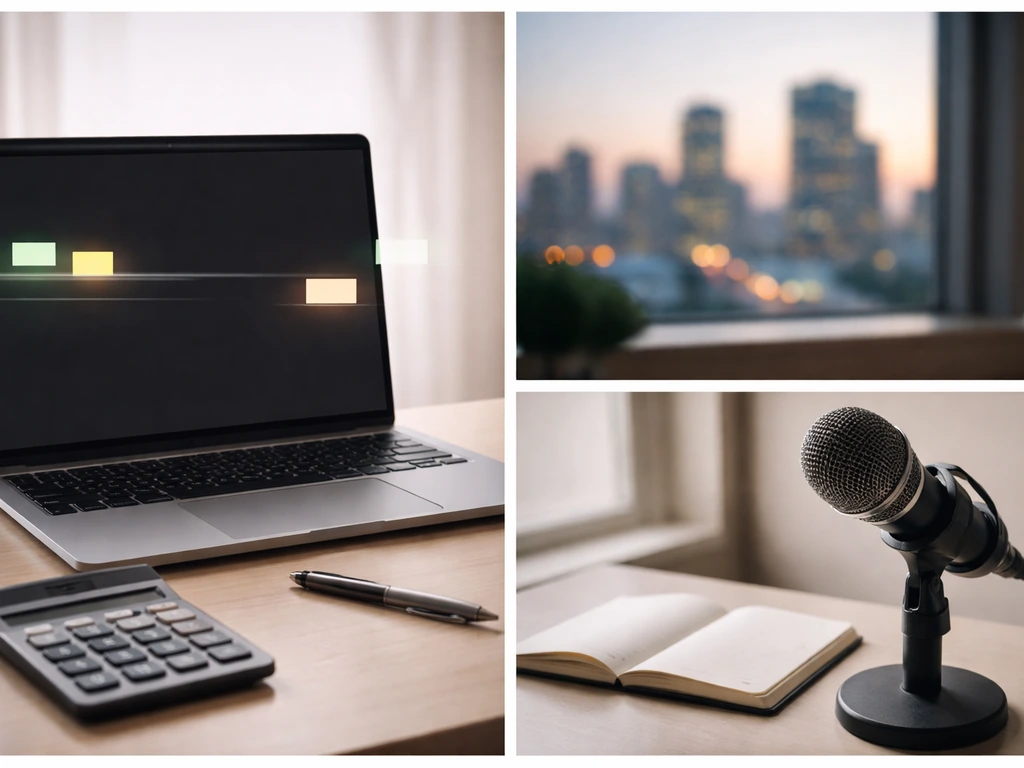 Close-up of a laptop and a microphone on a desk with blurred city lights, suggesting public finance research