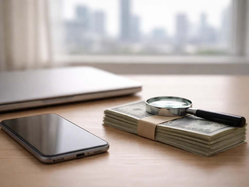 Magnifying glass and cash on a simple desk beside a phone and laptop, suggesting conflicting online estimates.
