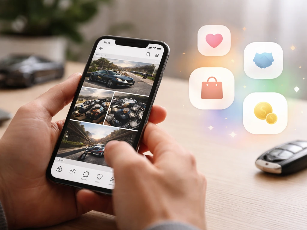 Hand holding a phone showing an Instagram feed beside a blurred brand-feature tag overlay