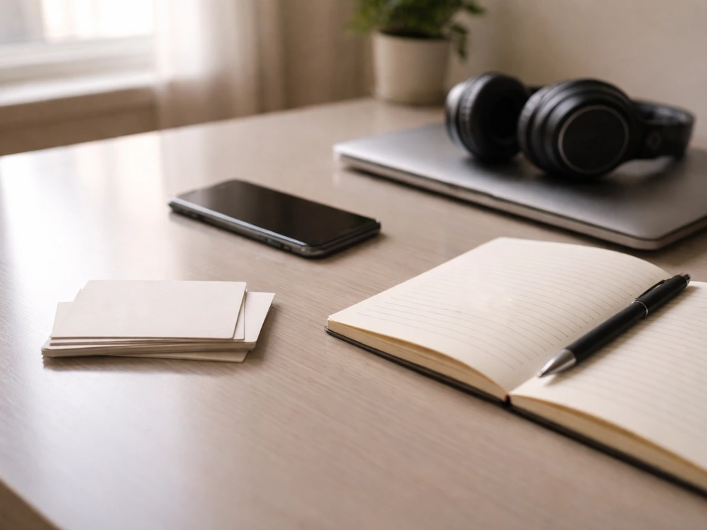 Desk with blank cards, smartphone, and notebook suggesting comparing online money estimates.