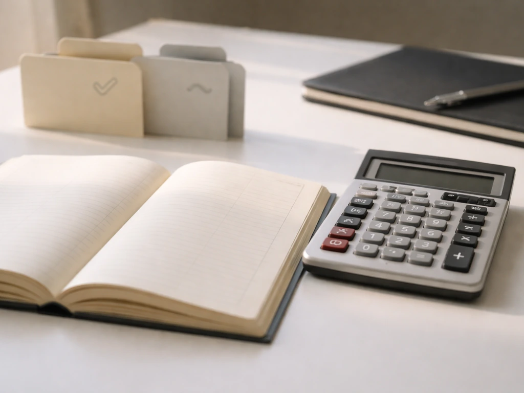 Open ledger and calculator on a desk with two blurred folder tabs symbolizing verified vs estimated valuations.